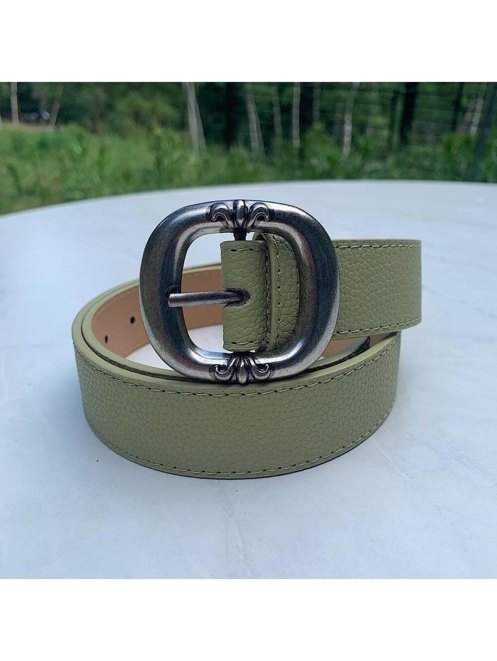 Y2k style Green leather belt with silver buckle. Nice simplistic style. 39 - Picture 3 of 8